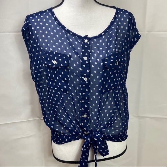 Glam Dollz Semi Sheer Polka Dot Top Navy White - Picture 1 of 9